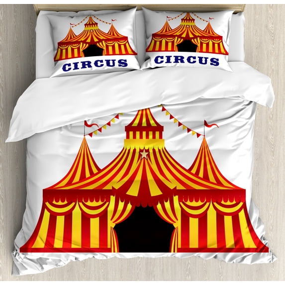 Circus Duvet Cover Set, Illustration of Old Striped Tent in Retro Style Old Fashion Joy Theater Art, Decorative 3 Piece Bedding Set with 2 Pillow Shams, Queen Size, Red Yellow White, by Ambesonne