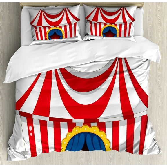 Circus Duvet Cover Set, Illustration of Retro Flag Nostalgic Fun Festival Carnival Venue, Decorative 3 Piece Bedding Set with 2 Pillow Shams, Calking Size, Red White, by Ambesonne