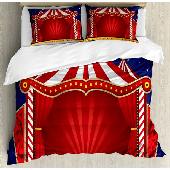 Circus Duvet Cover Set King Size, Canvas Tent Circus Stage Performing Theater Jokes Clown Cheerful Night Theme, Decorative 3 Piece Bedding Set with 2 Pillow Shams, Blue Vermilion, by Ambesonne