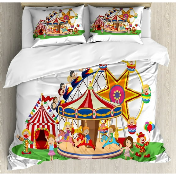 Circus Duvet Cover Set Queen Size, Childish Graphic of Cartoon Amusement Park Tent Clowns Children Ferris Wheel, Decorative 3 Piece Bedding Set with 2 Pillow Shams, White Multicolor, by Ambesonne
