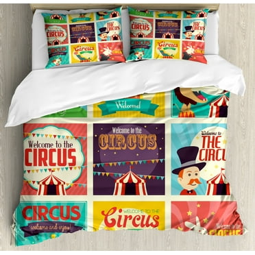 Circus Duvet Cover Set Queen Size, Composition of Old Circus Icons Carnival Magicians Old Fashioned Nostalgic Festive, Decorative 3 Piece Bedding Set with 2 Pillow Shams, Multicolor, by Ambesonne