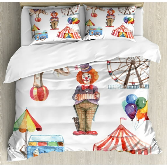 Circus Duvet Cover Set Queen Size, Circus Elements with Clown Elephant Balloons Ice Cream Cart Watercolor Illustration, Decorative 3 Piece Bedding Set with 2 Pillow Shams, Multicolor, by Ambesonne