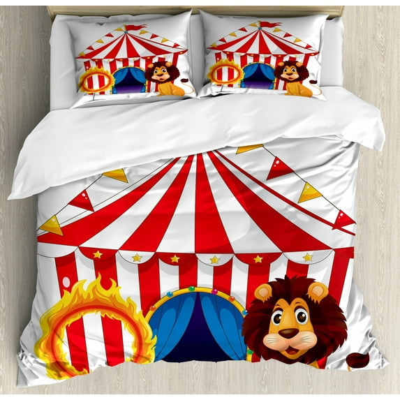 Circus Duvet Cover Set Queen Size, Lion and a Fire Ring in front of the Circus Tent Blazing Flame Adventure Dangerous, Decorative 3 Piece Bedding Set with 2 Pillow Shams, Multicolor, by Ambesonne