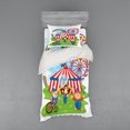 thumbnail image 1 of Circus Duvet Cover Set, Circus Scene with Clowns on Grass Rainbow Ferris Wheel Happy Bubbles Childhood Theme, Bedding Set with Shams and Fitted Sheet, 3 Sizes, by Ambesonne, 1 of 3