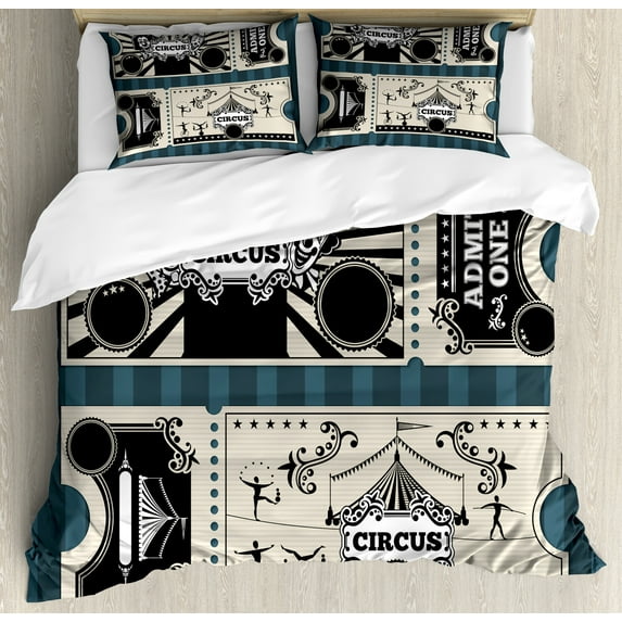 Circus Duvet Cover Set, Ticket Designs with Admit One Lettering Clowns and Acrobat Silhouettes, Decorative 3 Piece Bedding Set with 2 Pillow Shams, King Size, Petrol Blue and Eggshell, by Ambesonne