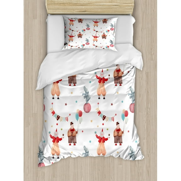 Circus Duvet Cover Set Twin Size, Watercolor Paint Pattern of Funny Clowns Elephant on a Ball Stars and Flags, Decorative 2 Piece Bedding Set with 1 Pillow Sham, White Multicolor, by Ambesonne