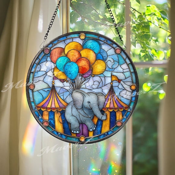 Circus Elephant Glass Suncatcher, Round Window Panel Balloons, 3.5 in