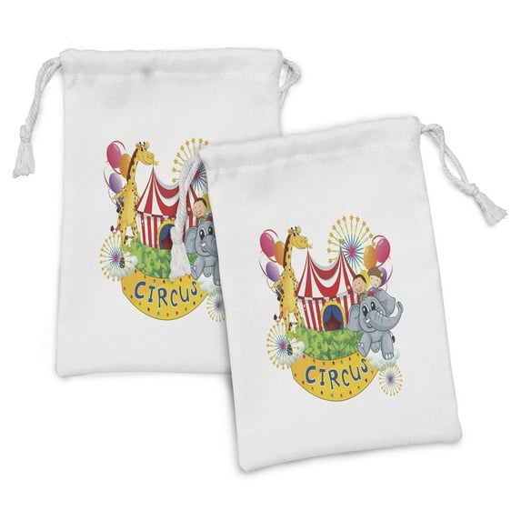 Circus Fabric Pouch Set of 2, Show Animals Smiling Magician and Happiness Themed Illustration, Small Drawstring Bag for Toiletries Masks and Favors, 9" x 6", Multicolor, by Ambesonne