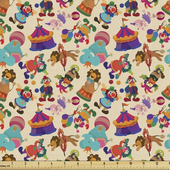 Circus Fabric by the Yard, Comic Cartoon Pattern of Festival Carnival Elements as Tent Clown Dog Ring Ball, Decorative Upholstery Fabric for Sofas and Home Accents, 1 Yard, Multicolor by Ambesonne
