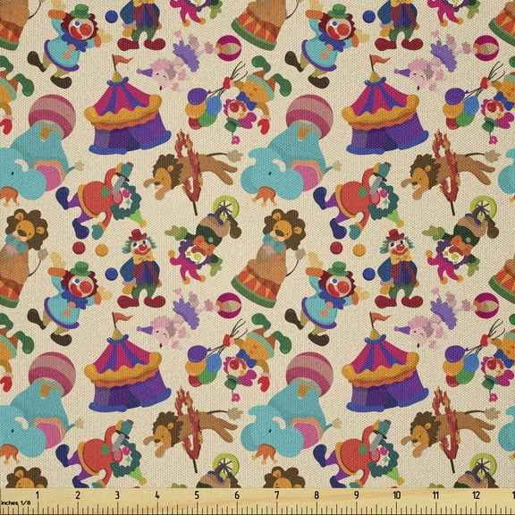 Circus Fabric by The Yard, Comic Cartoon Pattern of Festival Carnival Elements as Tent Clown Dog Ring Ball, Microfiber Fabric for Arts and Crafts Textiles & Decor, 3 Yards, Purple Beige, by Ambesonne