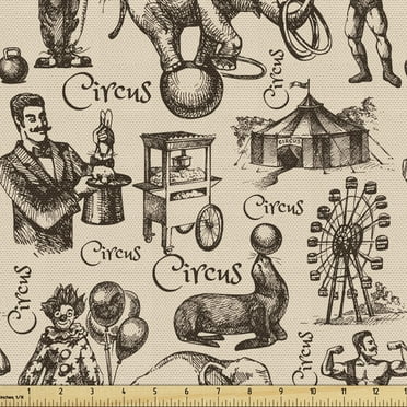 Ambesonne Circus Fabric by the Yard Upholstery, Sketch Fun Clown Magician, 1 Yard, Beige Dark Brown