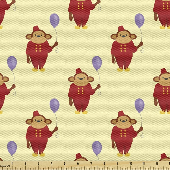 Ambesonne Circus Fabric by the Yard Upholstery, Funny Monkey in Show Clothes, 10 Yards, Pale Yellow Multicolor