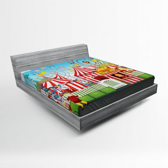 Circus Fitted Sheet, Carnival with Many Rides and Shops Illustration Landscape and Cloudy Sky View Print, Soft Decorative Fabric Bedding, Queen Size, Multicolor, by Ambesonne