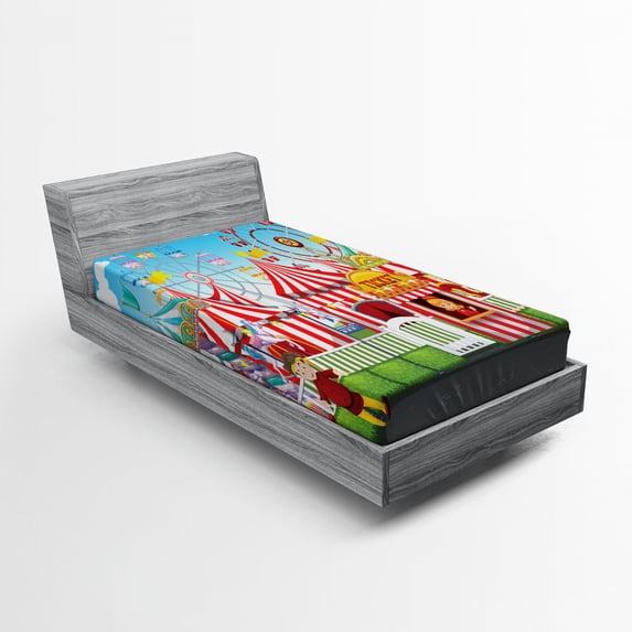 Circus Fitted Sheet, Carnival with Many Rides and Shops Illustration Landscape and Cloudy Sky View Print, Soft Decorative Fabric Bedding, Twin XL Size, Multicolor, by Ambesonne