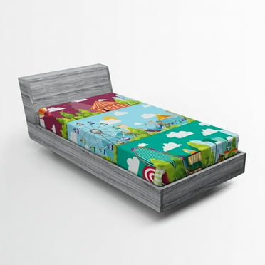 Ambesonne Colorful Fitted Sheet, Carousels Slide Swings, Twin XL Size, Multicolor