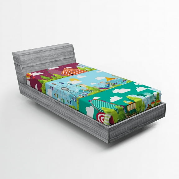 Ambesonne Colorful Fitted Sheet, Carousels Slide Swings, Twin XL Size, Multicolor