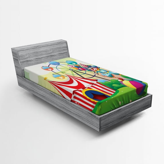 Circus Fitted Sheet, Illustration of a Clown Balancing Above an Inflatable Ball at the Carnival Print, Soft Decorative Fabric Bedding, Twin XL Size, Multicolor, by Ambesonne