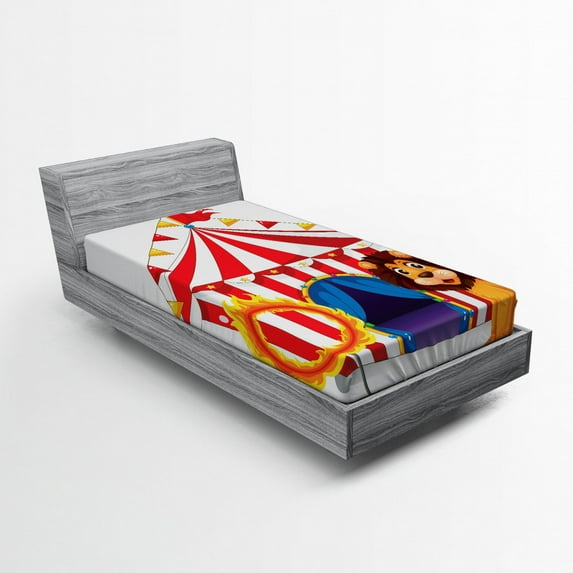 Circus Fitted Sheet, Lion and a Fire Ring in Front of the Circus Tent Blazing Flame Adventure Dangerous, Soft Decorative Fabric Bedding, Twin Size, Multicolor, by Ambesonne