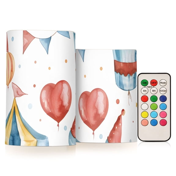 Circus Flags Ballons Watercolor Flickering Flameless Candles LED Tealight Battery Operated with Remote Set of 2 Holiday Decor Ornaments