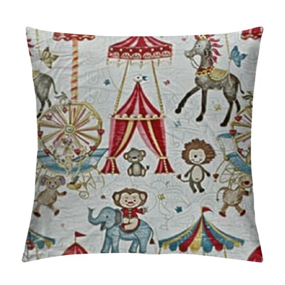 Circus Fluffy Throw Pillow Cushion Cover, Circus Bear Monkey Animals Merry Go Round Magic Classic Celebration Print, Decorative Square Accent Pillow Case,Multicolor