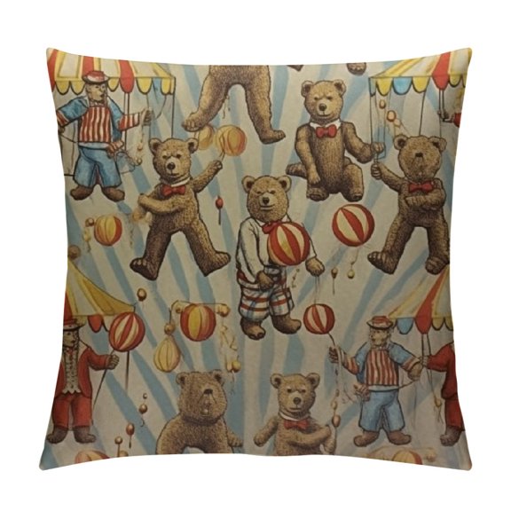 Circus Fluffy Throw Pillow Cushion Cover, Sketchy Circles in Vintage Style Bear Rigdding on a Bicycle Strongman Print, Decorative Square Accent Pillow Case,, Amber Orange Ivory