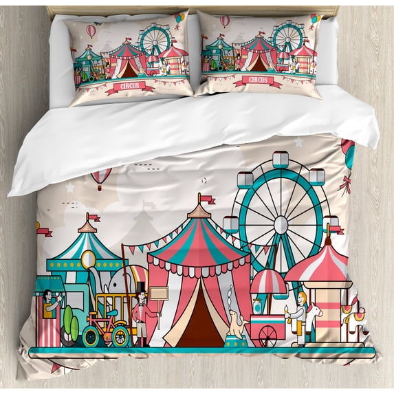 Circus King Size Duvet Cover Set, Circus Facilities Scenery in Flat Design Style Balloons Children Park Illustration, Decorative 3 Piece Bedding Set with 2 Pillow Shams, Multicolor, by Ambesonne