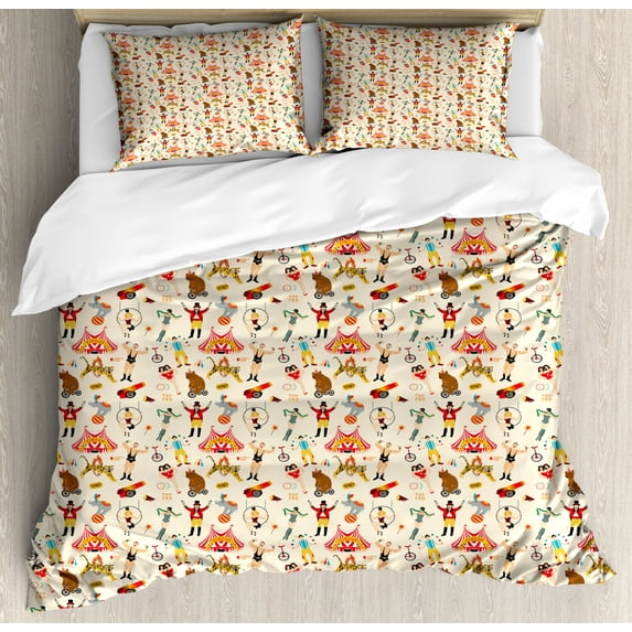 Circus King Size Duvet Cover Set, Colorful Retro Circus Figures as Bear Riding Tricycle Siamese Girls and Entertainer, Decorative 3 Piece Bedding Set with 2 Pillow Shams, Multicolor, by Ambesonne