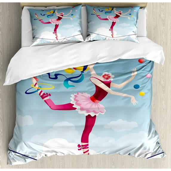 Circus King Size Duvet Cover Set, Graphic Circus Performer Woman Juggling with Balls Standing on Wire as Blindfolded, Decorative 3 Piece Bedding Set with 2 Pillow Shams, Multicolor, by Ambesonne