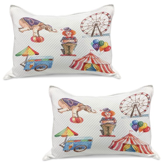 Circus Knitted Quilt Pillowcover Set of 2, Festive Fun Elements Clown Balloons Ice Cream Cart Watercolor Illustration, Standard Queen Pillow Sham Bedroom, 30" x 20", Multicolor, by Ambesonne