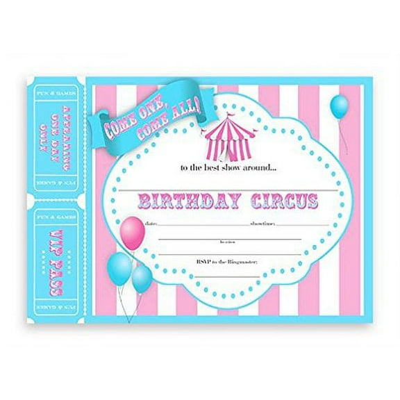 Circus LARGE Invitations - Aqua/Pink - 10 Invitations 10 Envelopes