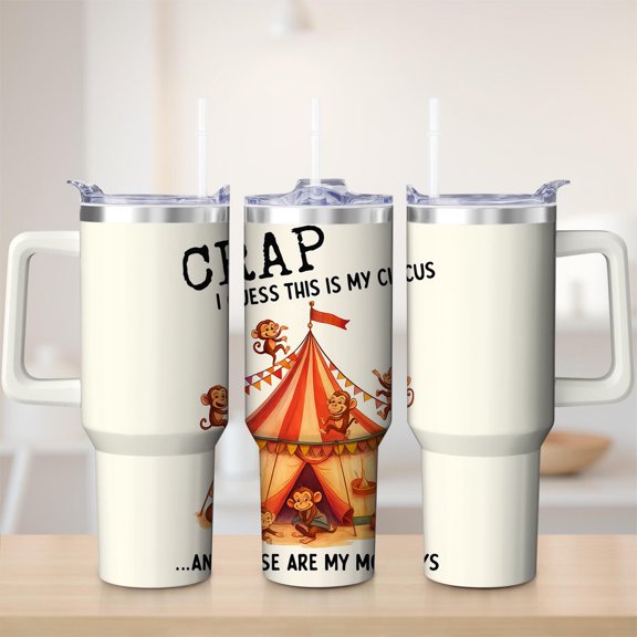 Circus Monkey Stainless Steel Insulated Mug with Lid and Handle, 30oz