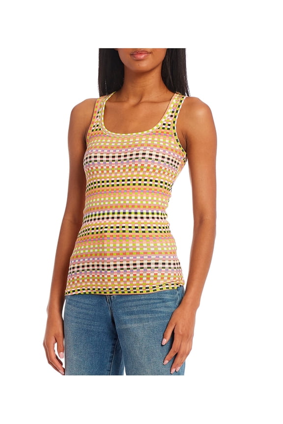 Valeria Geometric Print Ribbed Tank - Rainbow Check, Size X-Small