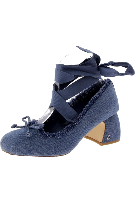 Della Lace-up Block-Heel Ballet Pumps Stone Wash Blue Denim Fringe  J3121F1400 Women's Size 9.5