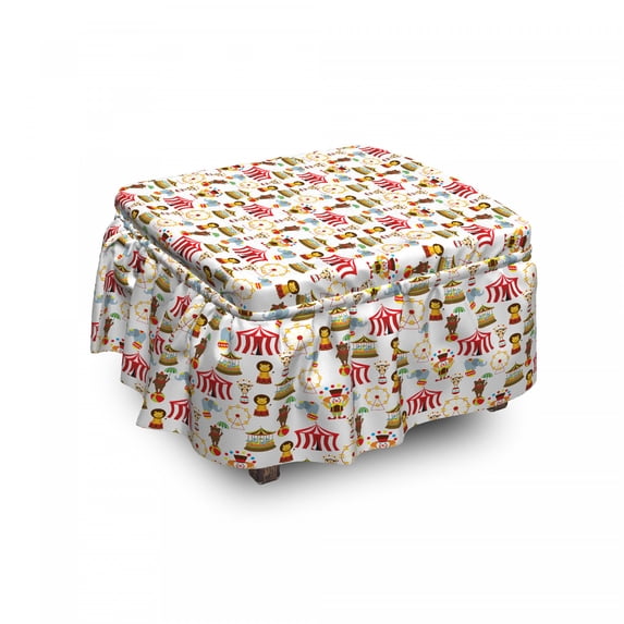 Circus Ottoman Cover, Circus Elephant Bear, 2 Piece Slipcover Set with Ruffle Skirt for Square Round Cube Footstool Decorative Home Accent, Standard Size, Multicolor, by Ambesonne