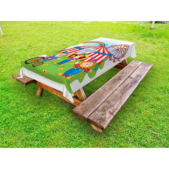 Circus Outdoor Tablecloth, Circus Scene with Clowns on Grass Rainbow Ferris Wheel Happy Bubbles Childhood Theme, Decorative Washable Fabric Picnic Table Cloth, 58 X 84 Inches,Multicolor, by Ambesonne