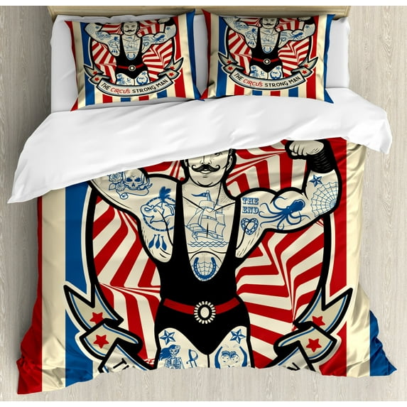 Circus Queen Size Duvet Cover Set, Nostalgic Icon the Strong Man with Tattoos and Muscles Circus Star Fun Art Print, Decorative 3 Piece Bedding Set with 2 Pillow Shams, Beige Red Blue, by Ambesonne