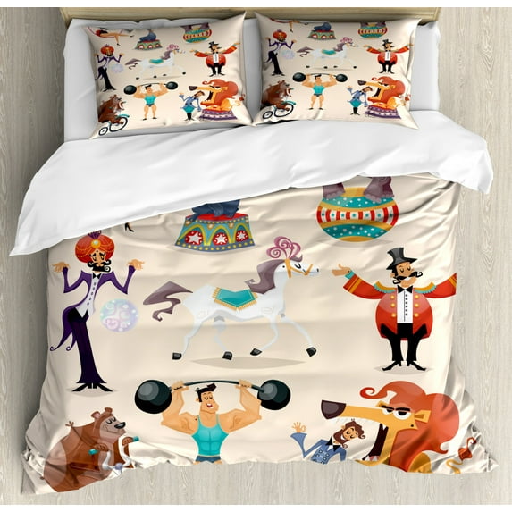 Circus Queen Size Duvet Cover Set, Circus Performance Fun Athlete and Animals Horse Heavy Lifting Themed Colorful Print, Decorative 3 Piece Bedding Set with 2 Pillow Shams, Multicolor, by Ambesonne