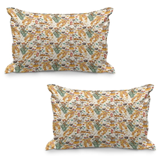 Circus Quilted Pillowcover Set of 2, Vintage Clown and the Wand Doing a Trick Doodle Style Design Funny Design, Standard Queen Size Pillow Cover for Bedroom, 30" x 20", Multicolor, by Ambesonne