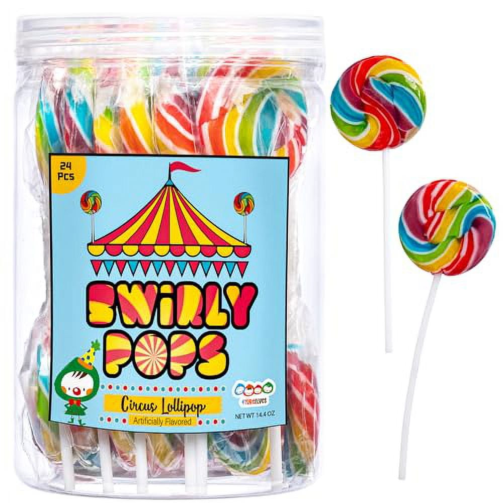 Circus Rainbow Lollipops Individually Wrapped, Bursting with Fruity Flavor, Great Swirl Lollipops for Kids Birthday Parties, Party Favor Candy and Cake Toppers, By 4YoreElves (Pack of 24)