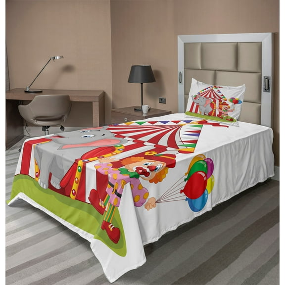 Ambesonne Cartoon Fitted & Top Sheet Set with Sham, Circus Tent, Multicolor