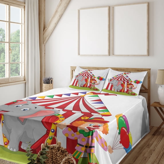 Ambesonne Cartoon Fitted & Top Sheet Set with Shams, Circus Tent, Multicolor