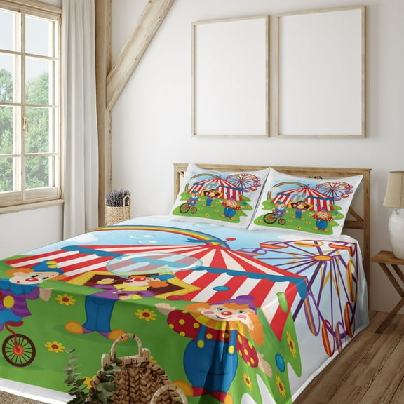 Ambesonne Vintage Fitted & Top Sheet Set with Shams, Fun Circus Scene Clowns, Multicolor