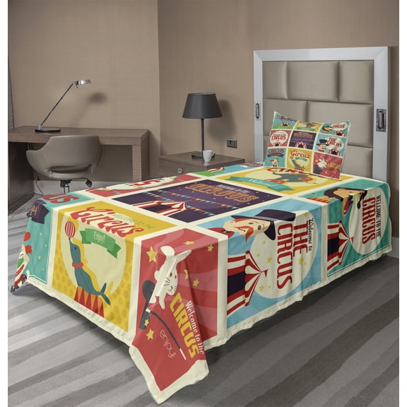 Ambesonne Colorful Fitted & Top Sheet Set with Sham, Carnival Old Circus, Multicolor
