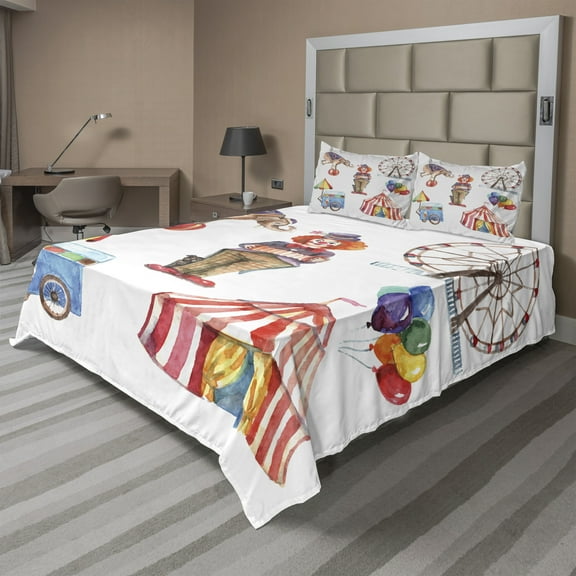 Ambesonne Colorful Fitted & Top Sheet Set with Shams, Clown Circus, Multicolor