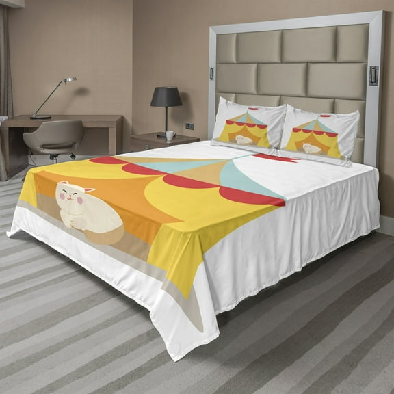 Ambesonne Kitten Fitted & Top Sheet Set with Shams, Furry Cat in a Circus, Yellow Red