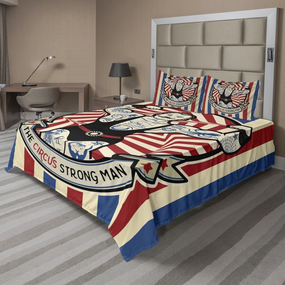 Ambesonne Nostalgic Fitted & Top Sheet Set with Shams, Vintage Circus Star, Beige Red Blue