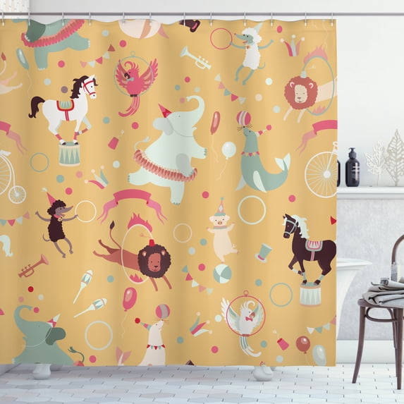 Circus Shower Curtain, Retro Cartoon Circus Theme with Seal Holding Ball on His Nose in Balance and Others, Fabric Bathroom Set with Hooks, 69W X 84L Inches Extra Long, Multicolor, by Ambesonne