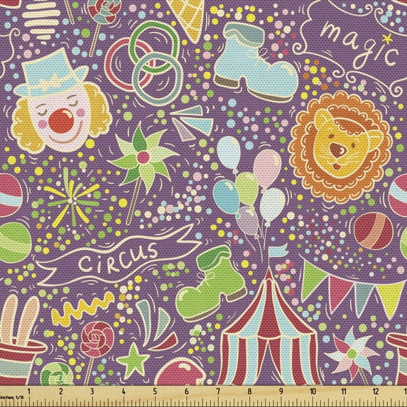 Ambesonne Circus Fabric by the Yard Upholstery, Tent Clown Icecream Ring, 3 Yards, Multicolor