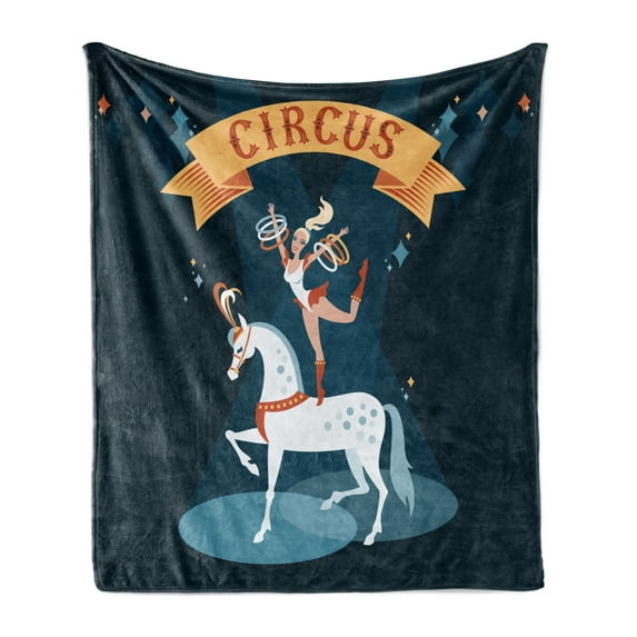 Circus Soft Flannel Fleece Blanket, Carnival Arena Girl Performer Dancing with Rings on a White Horse Under Spot Design, Cozy Plush for Indoor and Outdoor Use, 50" x 70", Multicolor, by Ambesonne
