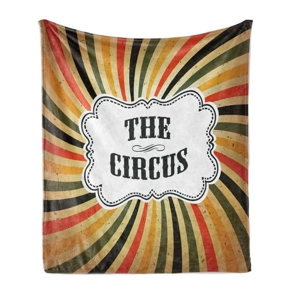 Circus Soft Flannel Fleece Blanket, Classical Colorful Vintage Rays with Grunge Look and Typographic Element, Cozy Plush for Indoor and Outdoor Use, 70" x 90", Camel and Multicolor, by Ambesonne